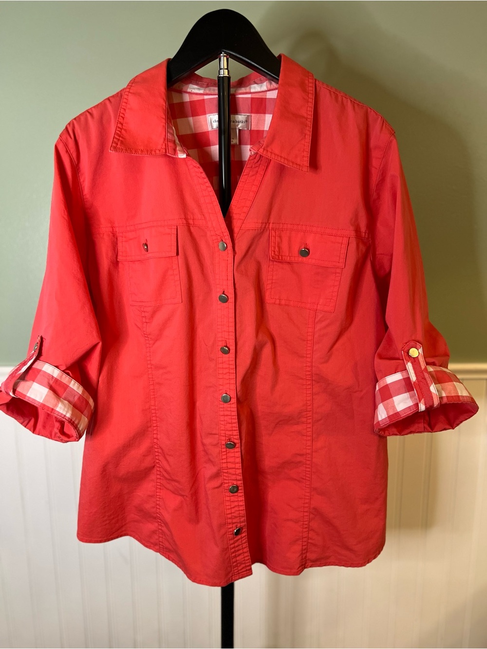 Christopher & Banks Pink and Coral Gingham Button-Up Top. Size XL